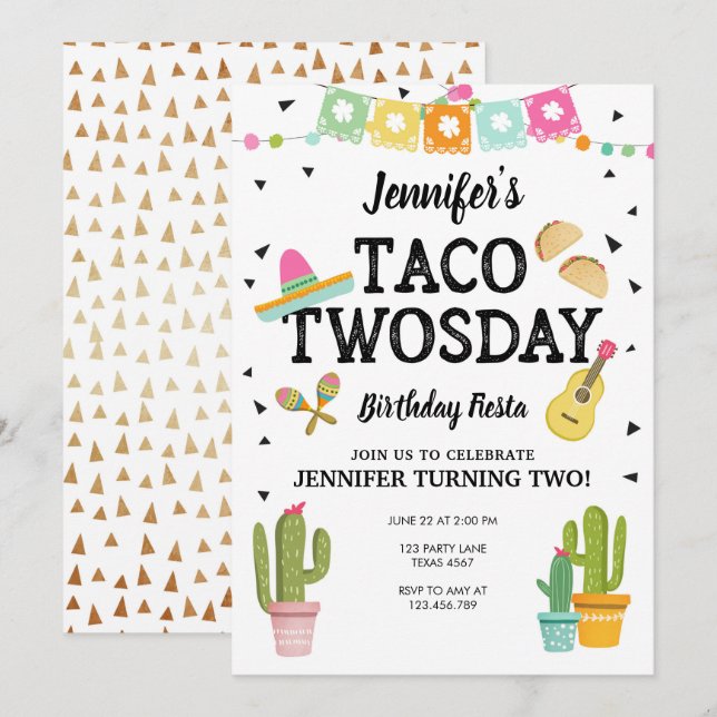 Fiesta Taco Twosday Cactus Girl 2 Birthday Party Inbjudningar (Fram/baksida)