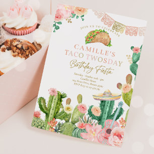 Fiesta Taco Twosday Watercolor Cactus 2:a födelsed Inbjudningar