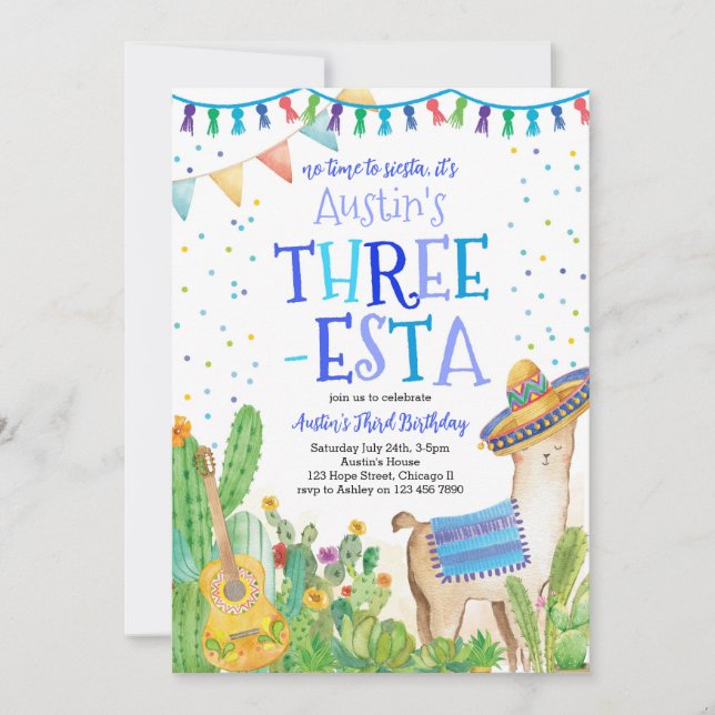 Fiesta Three Esta Boy Blue 3:e födelsedagsinbjudan Inbjudningar (Framsida)