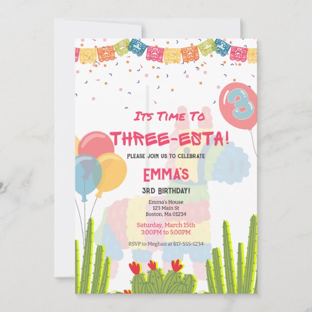 Fiesta Three-Esta Girl Birthday-inbjudan Inbjudningar (Framsida)