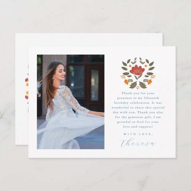 Fiesta Two Photo Blå Quinceanera Blommig Tack Vykort (Fram/baksida)