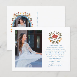Fiesta Two Photo Blue Quinceanera Blommig Tacksamh Vykort
