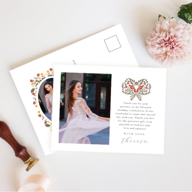 Fiesta Two Photo Quinceanera Blommigt Tack Vykort (Skapare uppladdad)