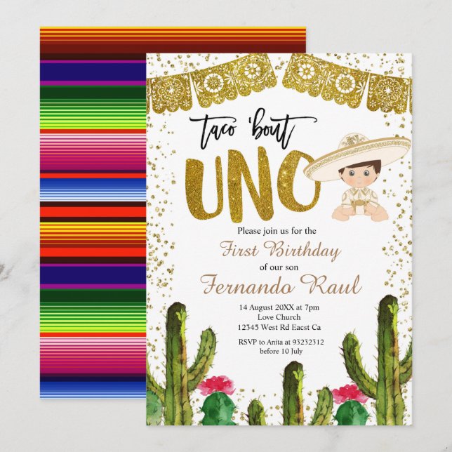 Fiesta Uno Guld Charro Boy Inbjudningar (Fram/baksida)