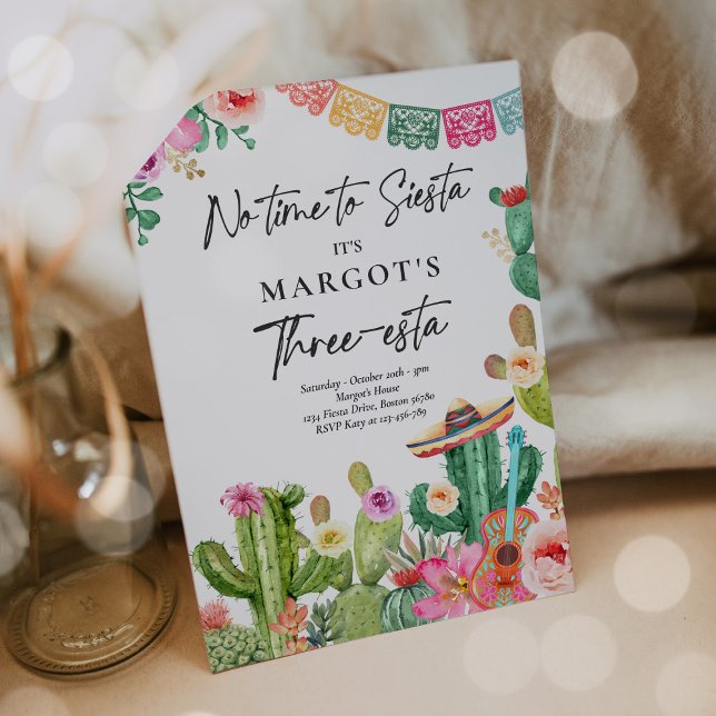 Fiesta Watercolor Cactus Three-esta Födelsedagsfes Inbjudningar (Skapare uppladdad)