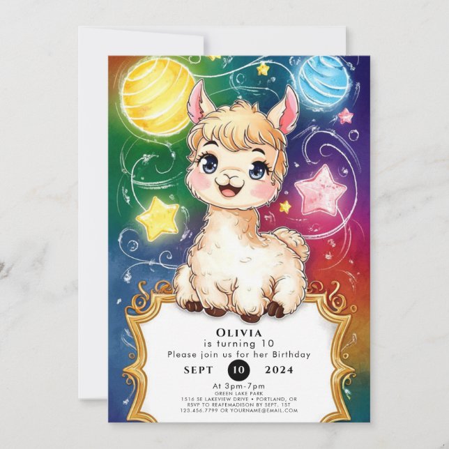 Fiesta Watercolor Llama Birthday Inbjudningar (Framsida)