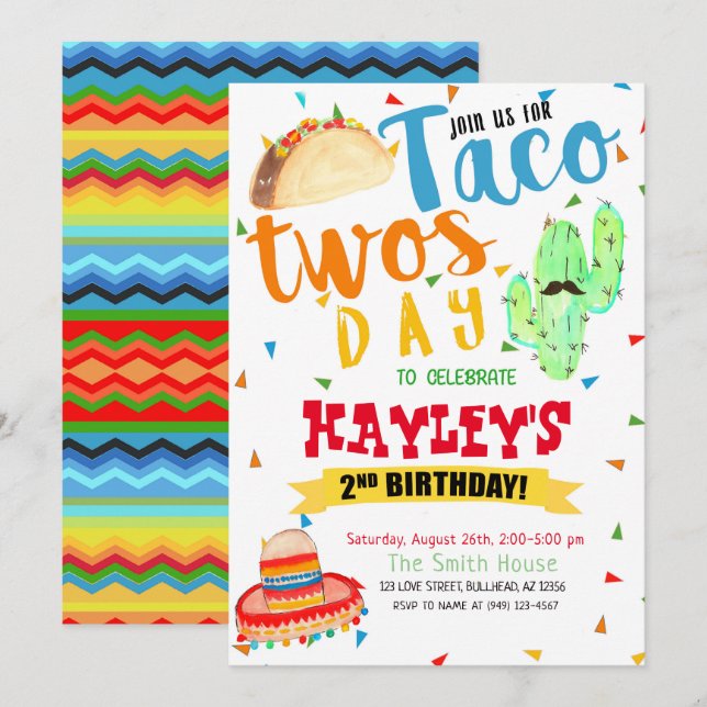 Fiesta Watercolor Taco Party 2:a födelsedagen Inbjudningar (Fram/baksida)
