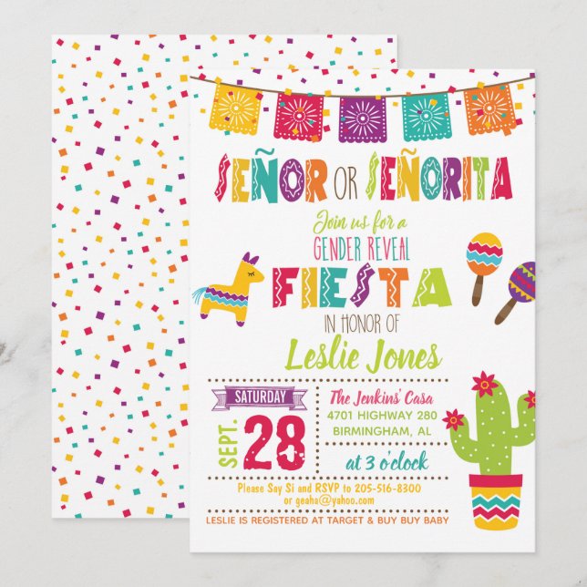 Fiestagender avslöjer inbjudan - vitbakgrund (Fram/baksida)