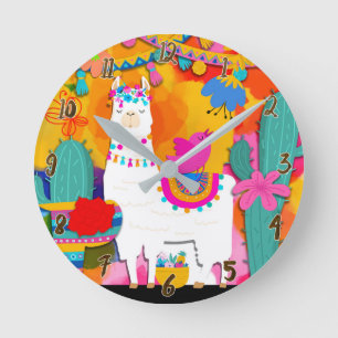 FiestaLlamaCinco De Mayo färgrik rolig vattenfärg Rund Klocka
