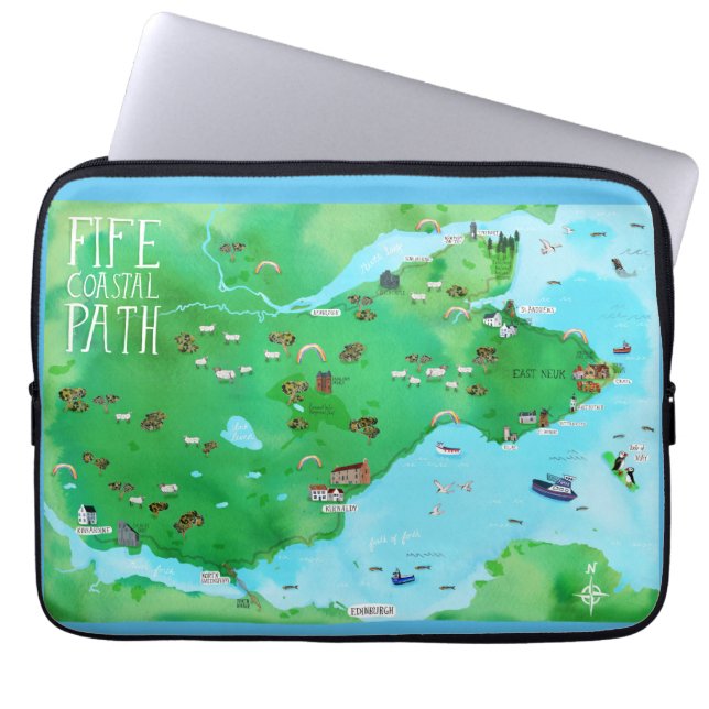 Fife Coastal Väg Scotland Illustrated Karta Laptop Fodral (Framsidan)