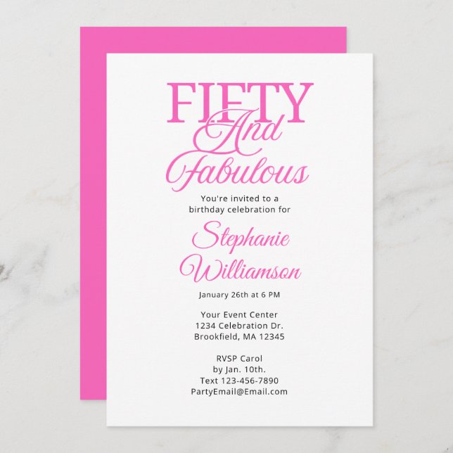 Fifty and Fabulous Black and Pink Script Inbjudningar (Fram/baksida)