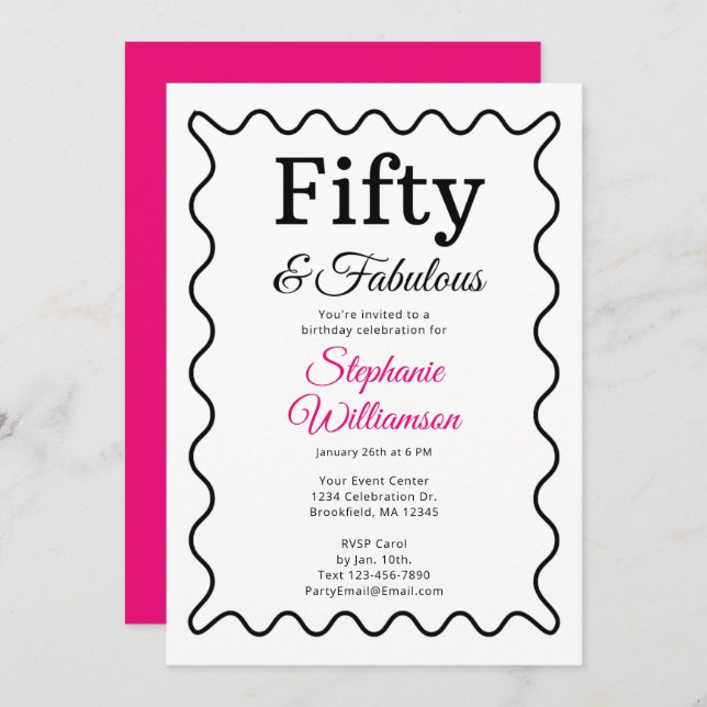 Fifty and Fabulous Black and Pink Script Inbjudningar (Fram/baksida)