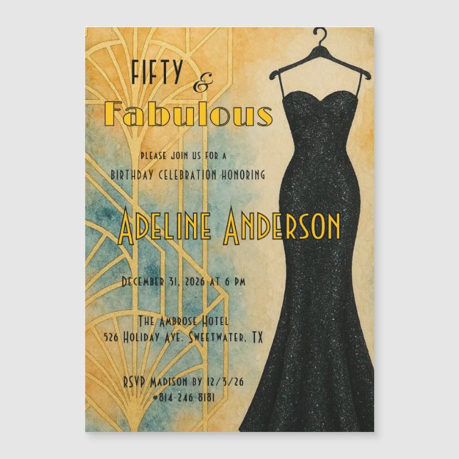 Fifty and Fabulous Black Gold Art Deco Magnet Card (Framsida)