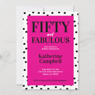 Fifty and Fabulous Black Hot Pink 50th Birthday Inbjudningar