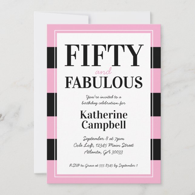 Fifty and Fabulous Black Pink 50th Birthday Party Inbjudningar (Framsida)