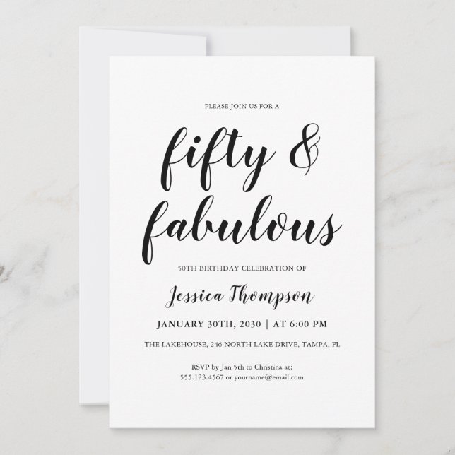 Fifty and Fabulous Black Script 50th Birthday Inbjudningar (Framsida)