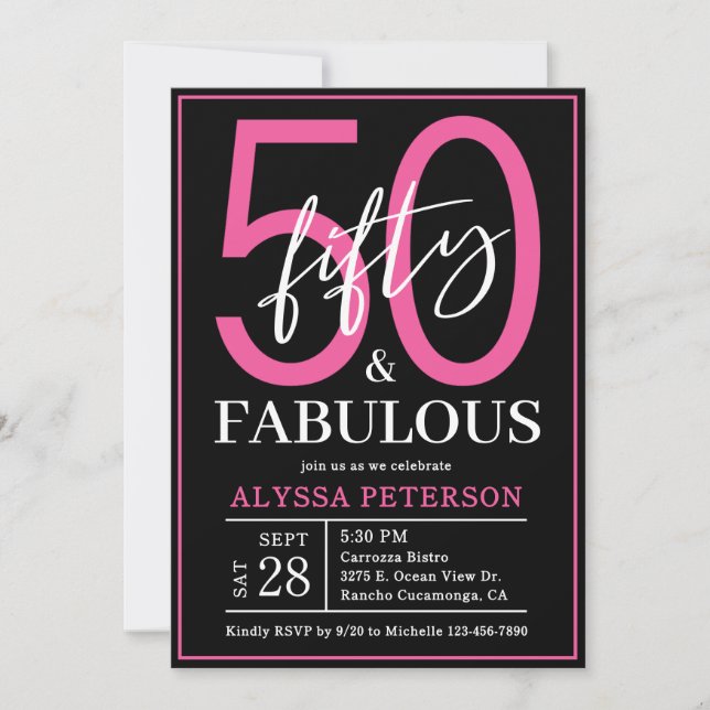Fifty and Fabulous Black Script 50th Birthday Inbjudningar (Framsida)