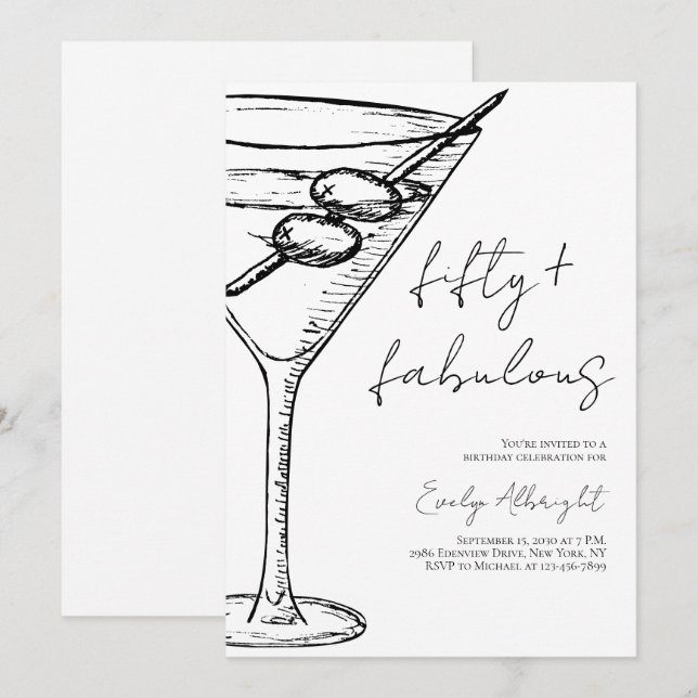 Fifty and Fabulous Black Script Line Art Martini Inbjudningar (Fram/baksida)