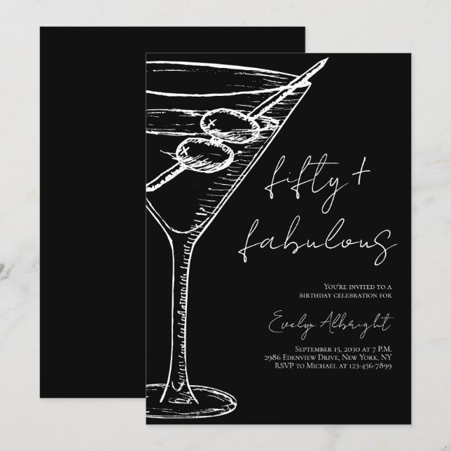 Fifty and Fabulous Black Script Line Art Martini Inbjudningar (Fram/baksida)