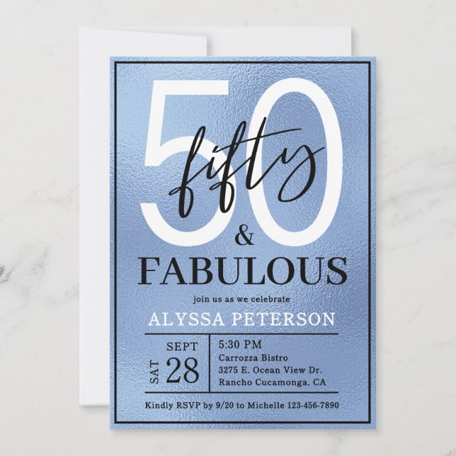 Fifty and Fabulous Dusty Blue Script 50th Birthday Inbjudningar (Framsida)