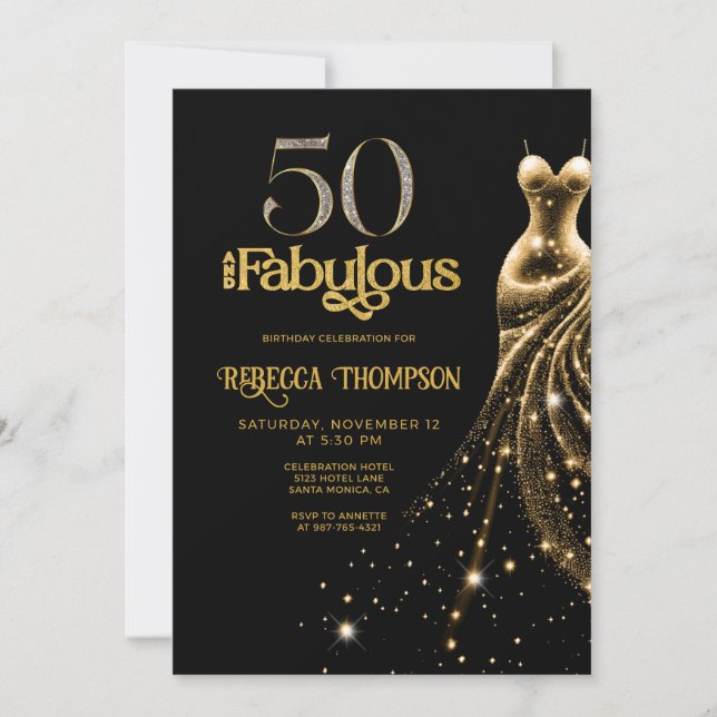 Fifty and Fabulous Gold Dress Black 50th Birthday Inbjudningar (Framsida)