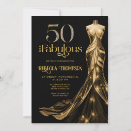 Fifty and Fabulous Gold Dress Black 50th Birthday Inbjudningar