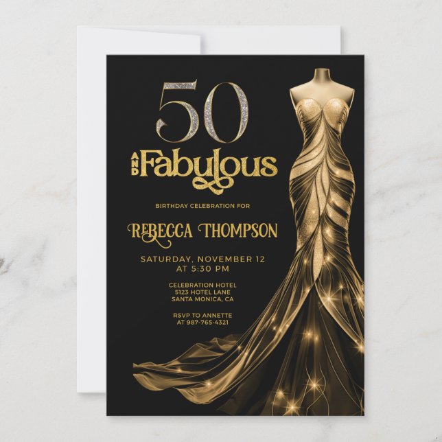 Fifty and Fabulous Gold Dress Black 50th Birthday Inbjudningar (Framsida)