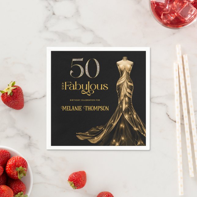 Fifty and Fabulous Gold Dress Black 50th Birthday Pappersservett (Insitu)