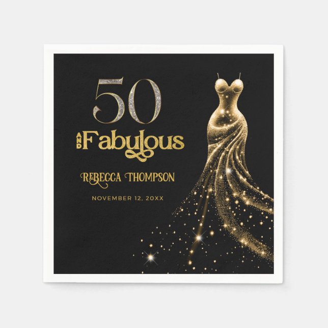 Fifty and Fabulous Gold Dress Black 50th Birthday Pappersservett (Framsidan)