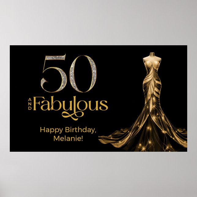 Fifty and Fabulous Gold Dress Black 50th Birthday Poster (Framsidan)