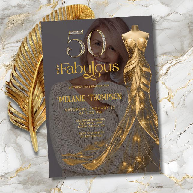 Fifty and Fabulous Gold Dress Photo 50th Birthday Inbjudningar (Fifty and Fabulous Gold Dress Photo 50th Birthday invitation with Gold and Diamond 50 on Black.)