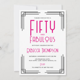 Fifty and Fabulous Hot Pink Art Deco 50th Birthday Inbjudningar