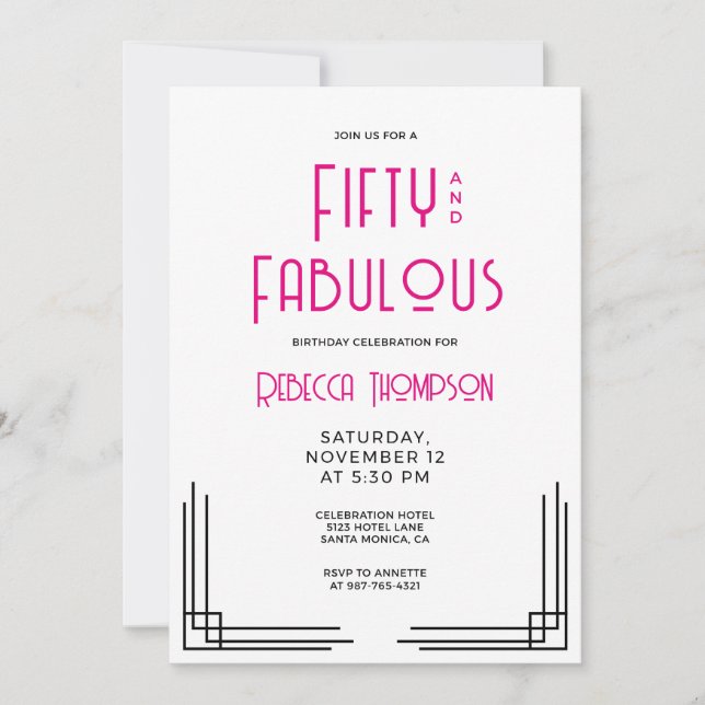 Fifty and Fabulous Hot Pink Art Deco 50th Birthday Inbjudningar (Framsida)