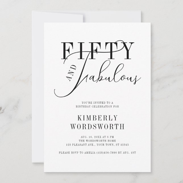 Fifty and Fabulous Minimal Script 50th Birthday Inbjudningar (Framsida)
