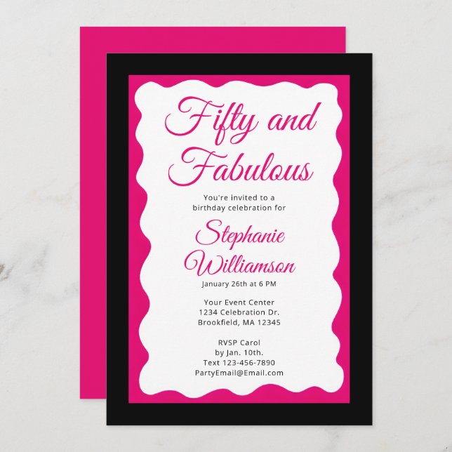 Fifty and Fabulous Pink and Black Script Inbjudningar (Fram/baksida)