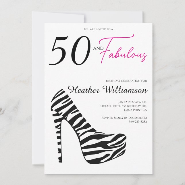 Fifty and Fabulous Pink Black 50th Birthday Party  Inbjudningar (Framsida)