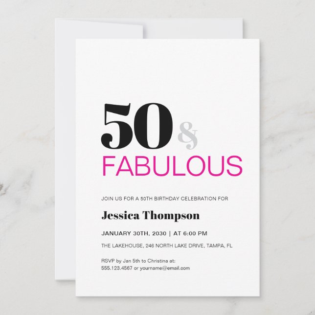 Fifty and Fabulous Pink Typography 50 Birthday Inbjudningar (Framsida)