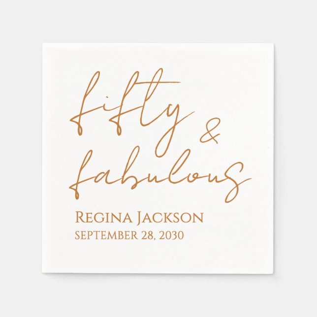 Fifty And Fabulous Script Gold 50th Birthday Party Pappersservett (Framsidan)