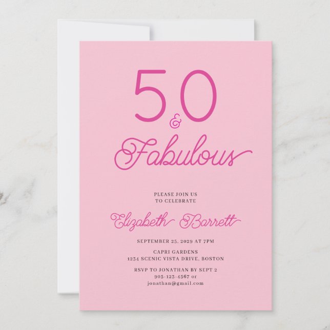 Fifty and Fabulous Script Pink 50th Birthday Party Inbjudningar (Framsida)