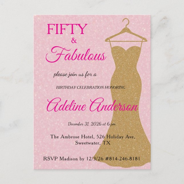Fifty and Fabulous Script Pink Gold 50th Birthday Vykort (Framsida)
