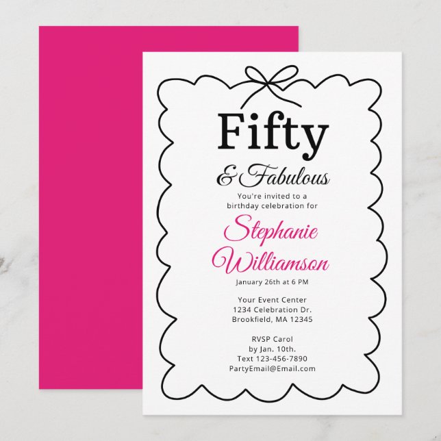 Fifty and Fabulous Whimsical Black and Pink Script Inbjudningar (Fram/baksida)