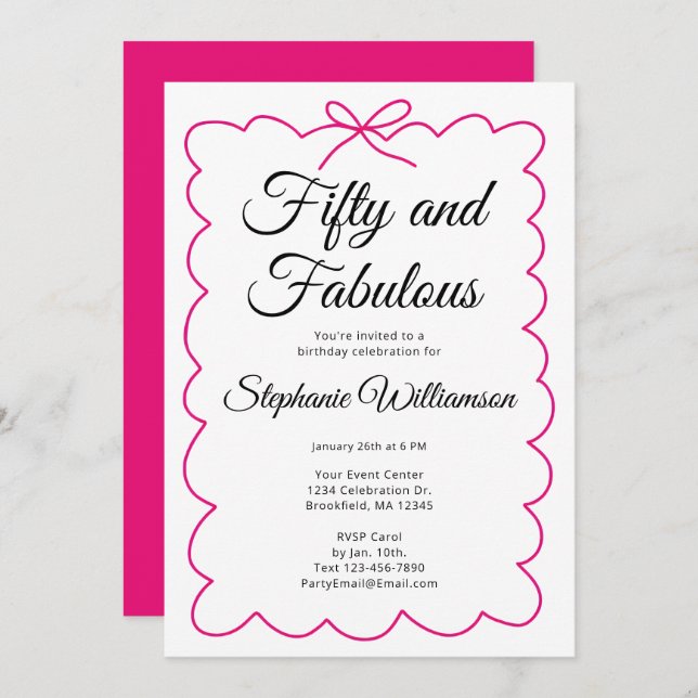 Fifty and Fabulous Whimsical Pink and Black Script Inbjudningar (Fram/baksida)