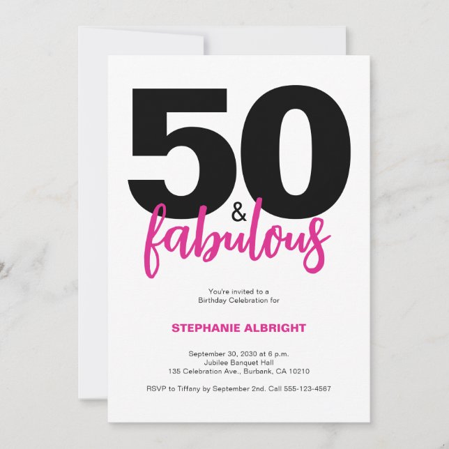 Fifty and Fabulous White Pink 50th Birthday Party Inbjudningar (Framsida)