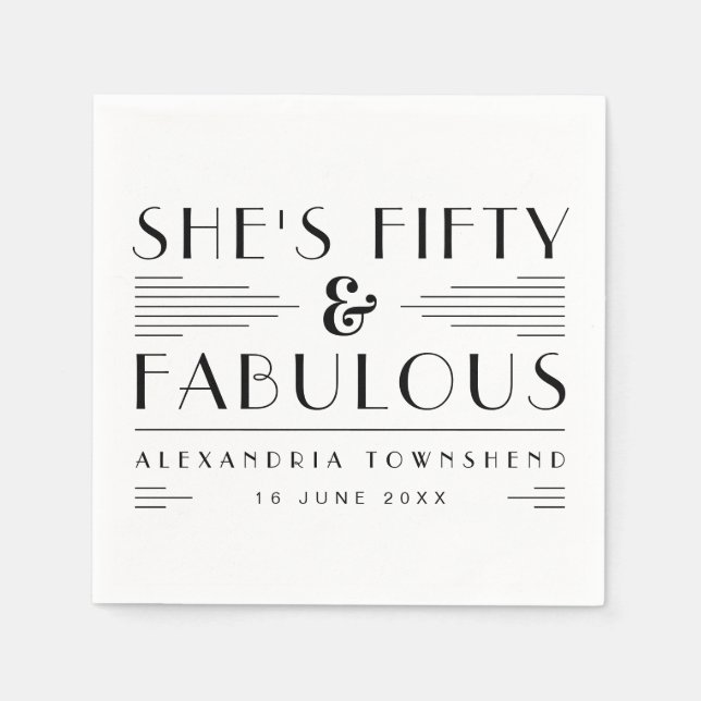 Fifty & Fabulous Art Deco Name Date 50th Birthday Pappersservett (Framsidan)