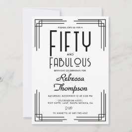 Fifty Fabulous Black White Art Deco 50th Birthday Inbjudningar