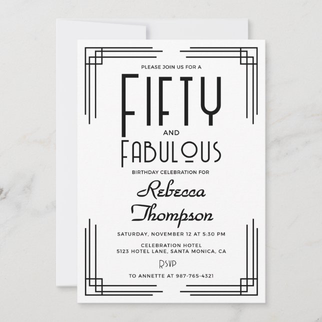 Fifty Fabulous Black White Art Deco 50th Birthday Inbjudningar (Framsida)