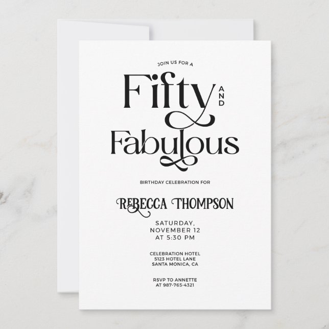 Fifty Fabulous Black White Script 50th Birthday Inbjudningar (Framsida)