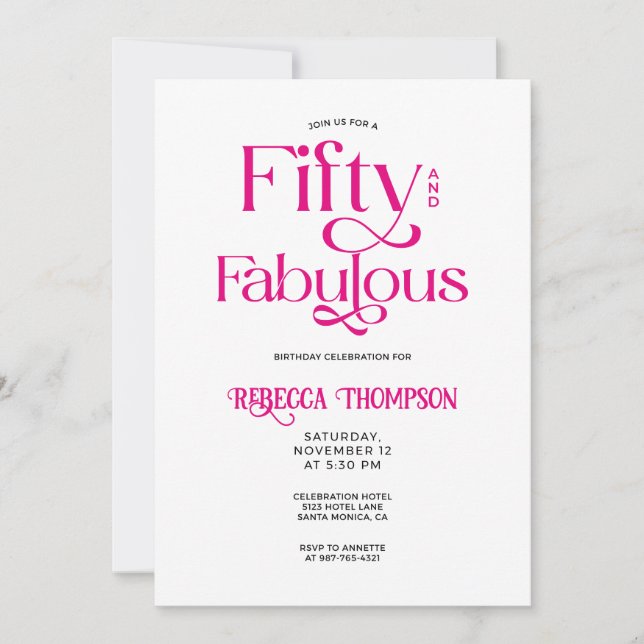 Fifty Fabulous Hot Pink Script 50th Birthday Inbjudningar (Framsida)