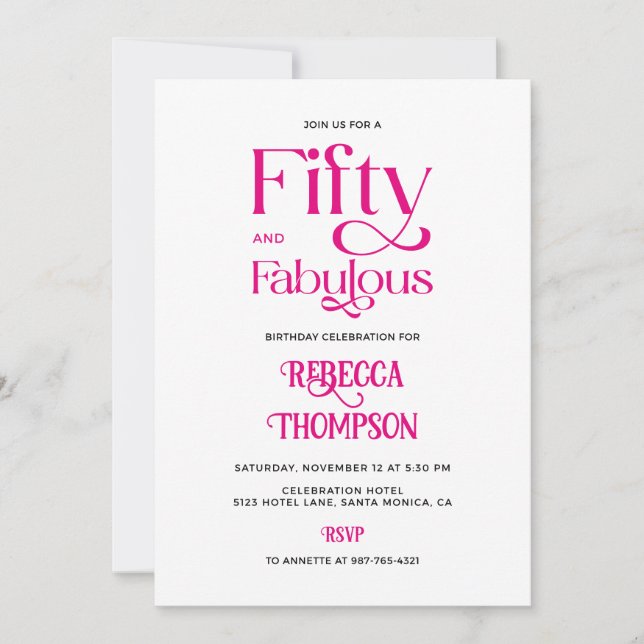 Fifty Fabulous Hot Pink Script 50th Birthday Inbjudningar (Framsida)