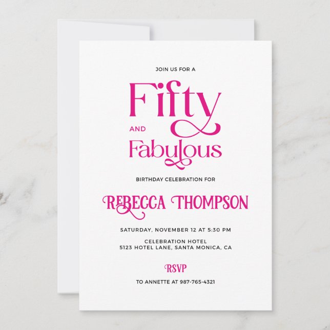 Fifty Fabulous Hot Pink Script 50th Birthday Inbjudningar (Framsida)